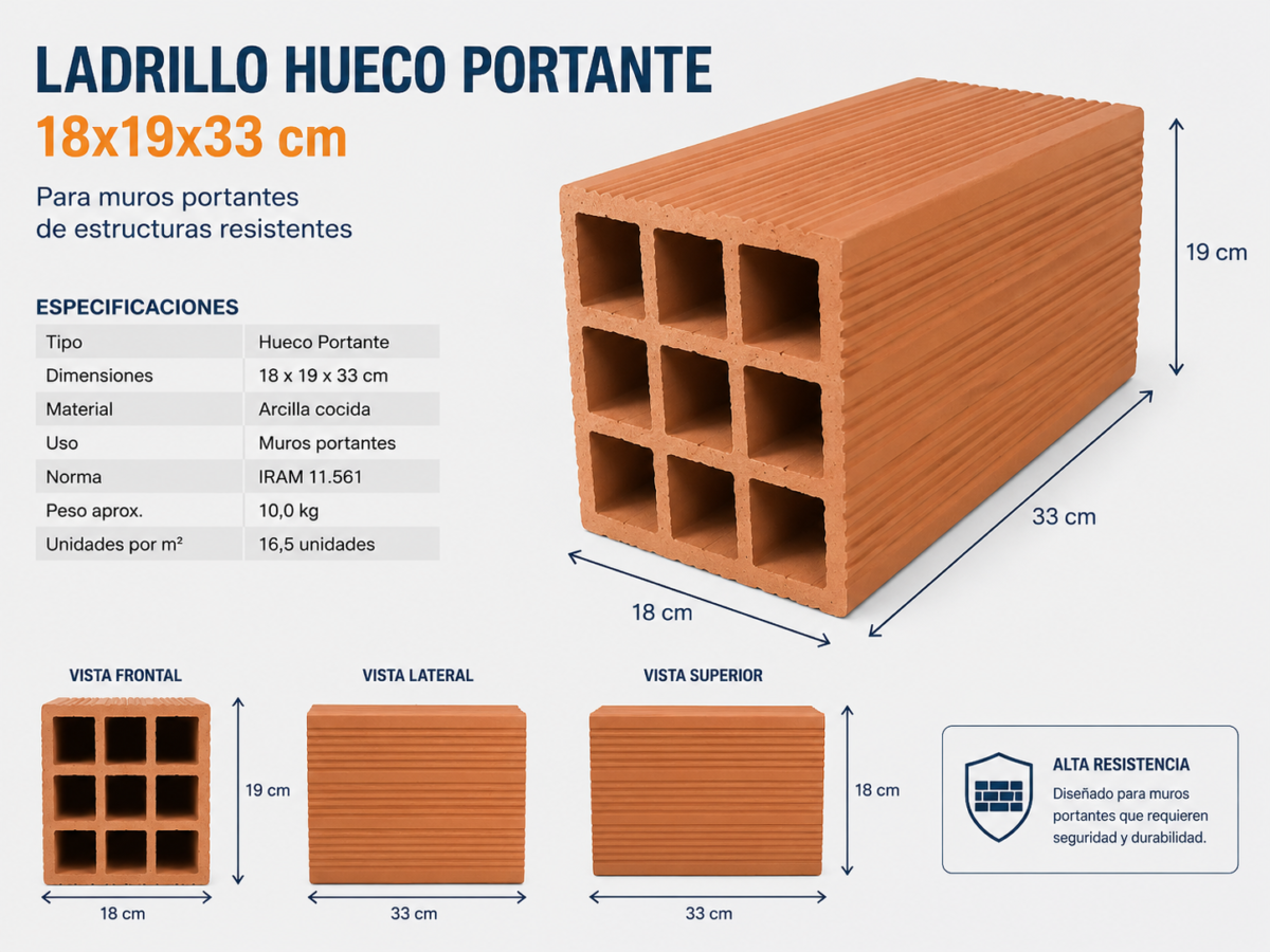 LADRILLOS HUECOS PORTANTE DE 18X19X33